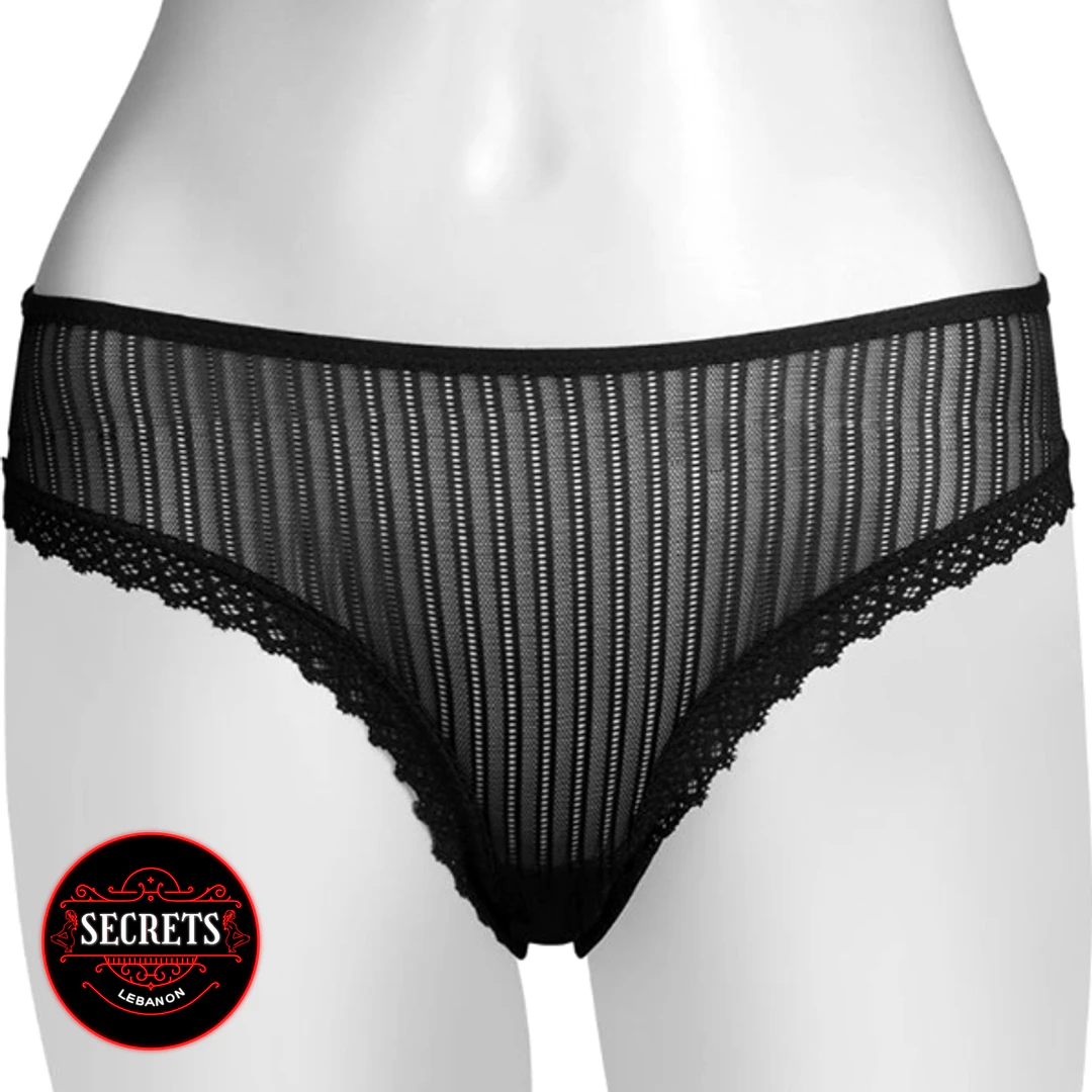 Vibrating Lace Thong Remote Control Set black sheer striped mesh front view