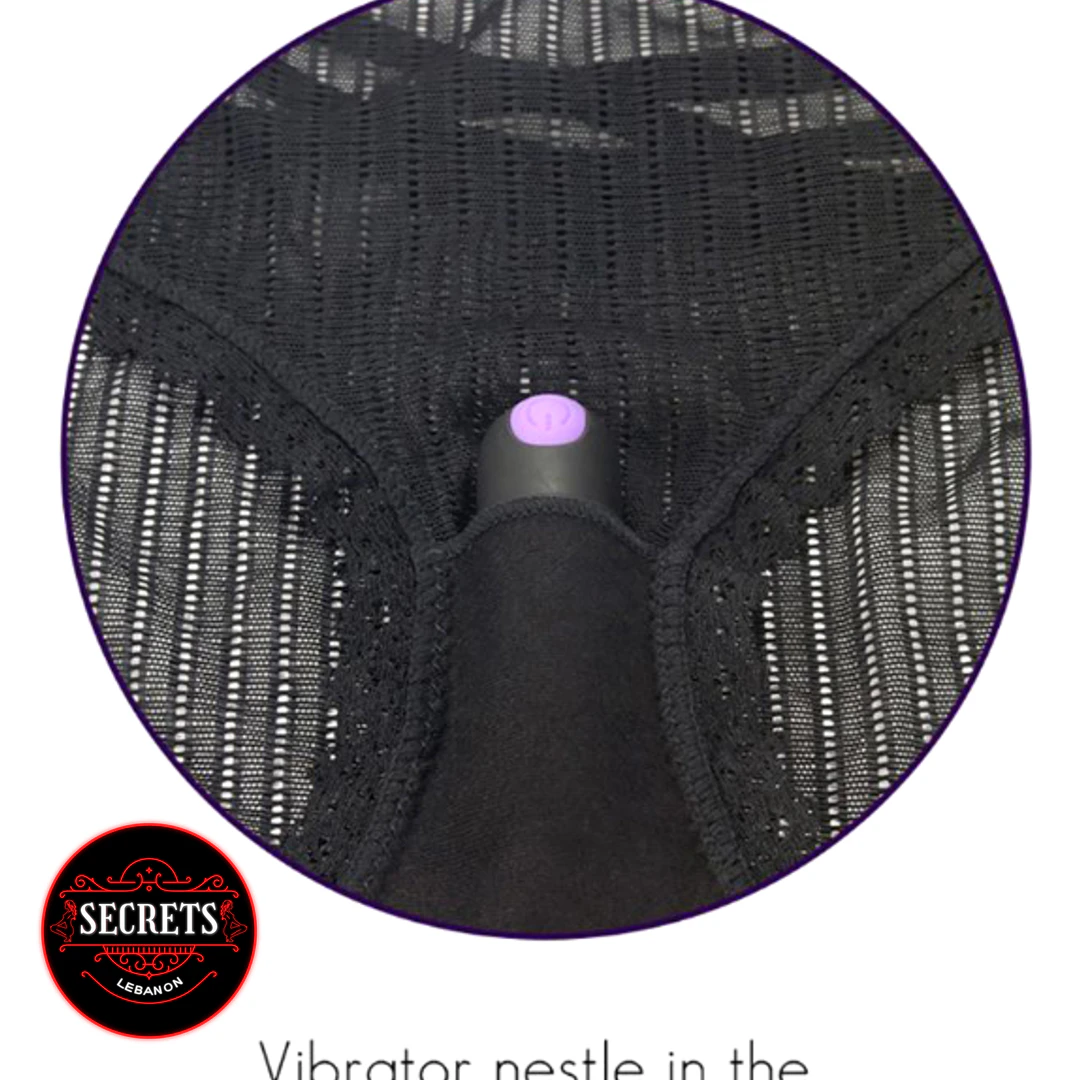 Vibrating Lace Thong Remote Control Set close-up with bullet vibrator nestled in black lace crotch