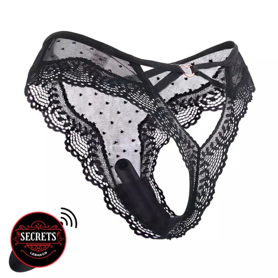 Vibrating Lace Thong Remote Control Set in black with built-in vibrator