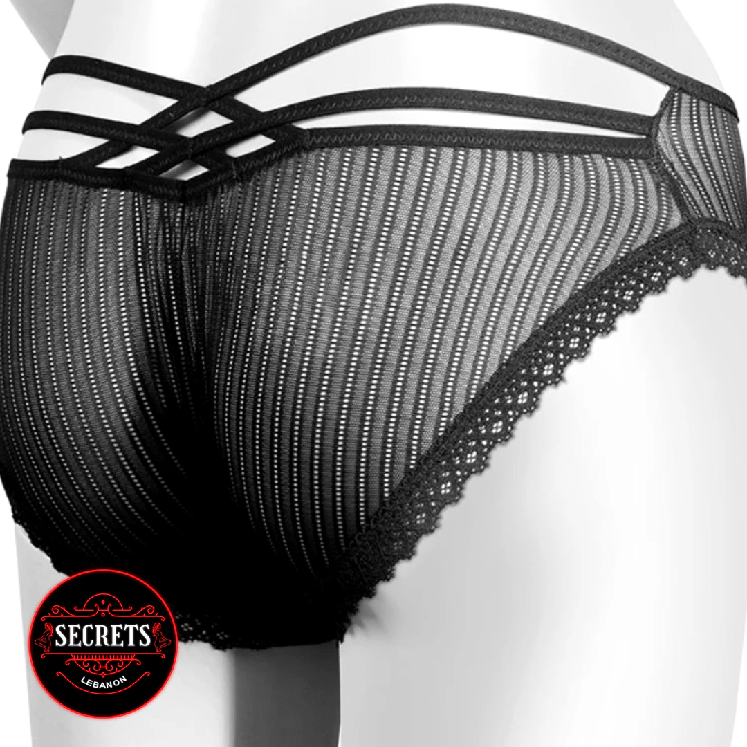 Vibrating Lace Thong Remote Control Set rear view with black sheer mesh and criss-cross straps
