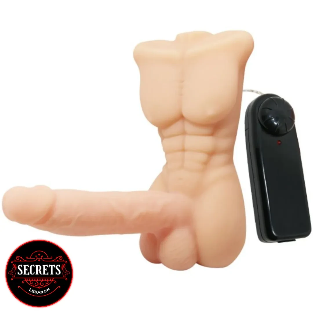 Vibrating Male Torso Masturbator with realistic abs, dildo, and black remote control