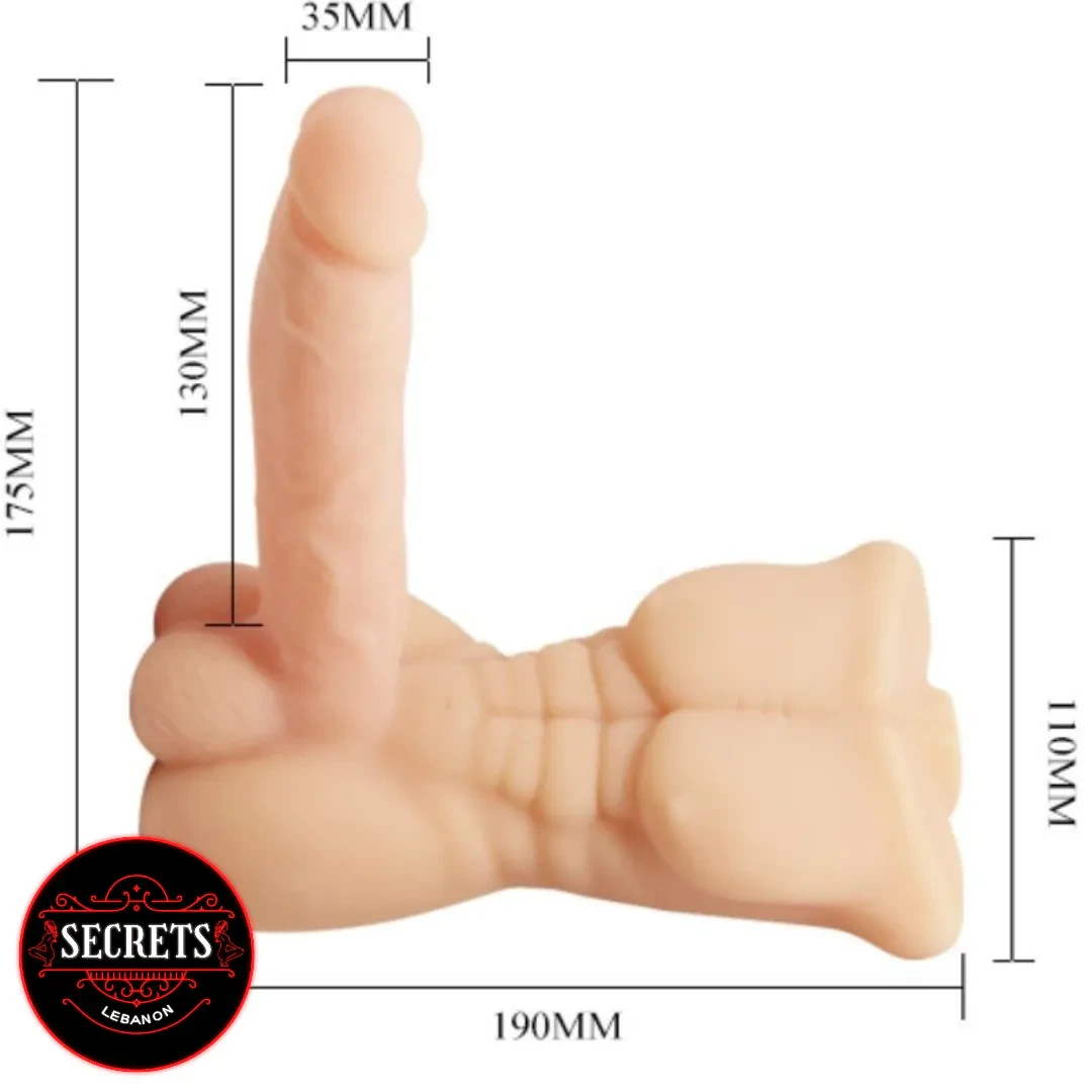 Vibrating Male Torso Masturbator flesh-tone with measurement dimensions on white background