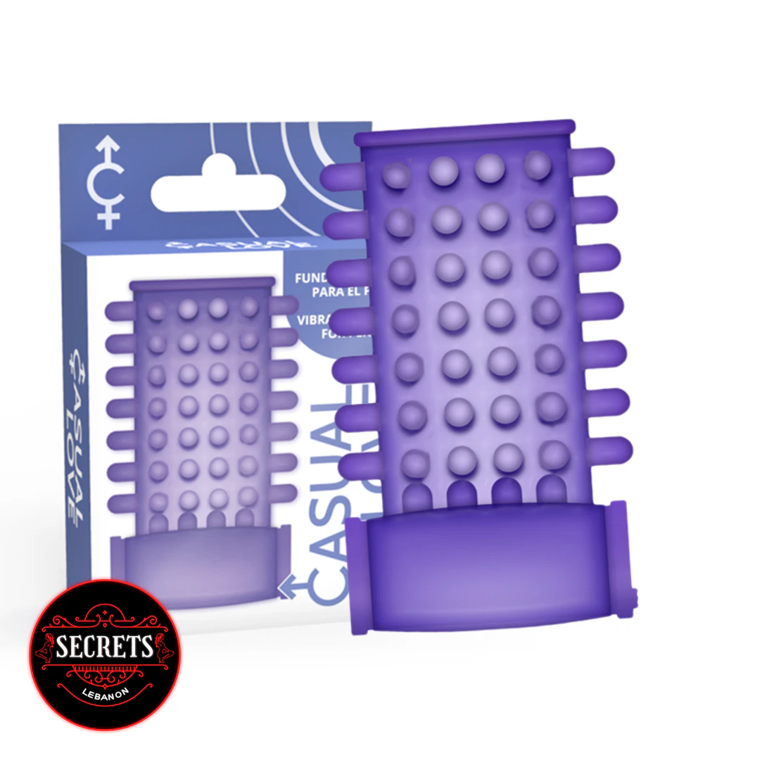 Vibrating Silicone Penis Sleeve in purple with raised nubs beside retail box