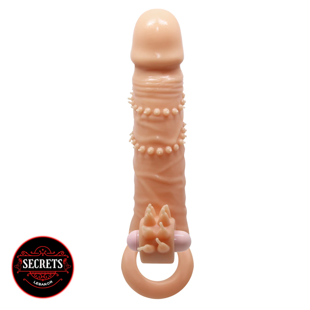Vibrating Textured Penis Extension Sleeve with beaded ridges and base ring, flesh tone