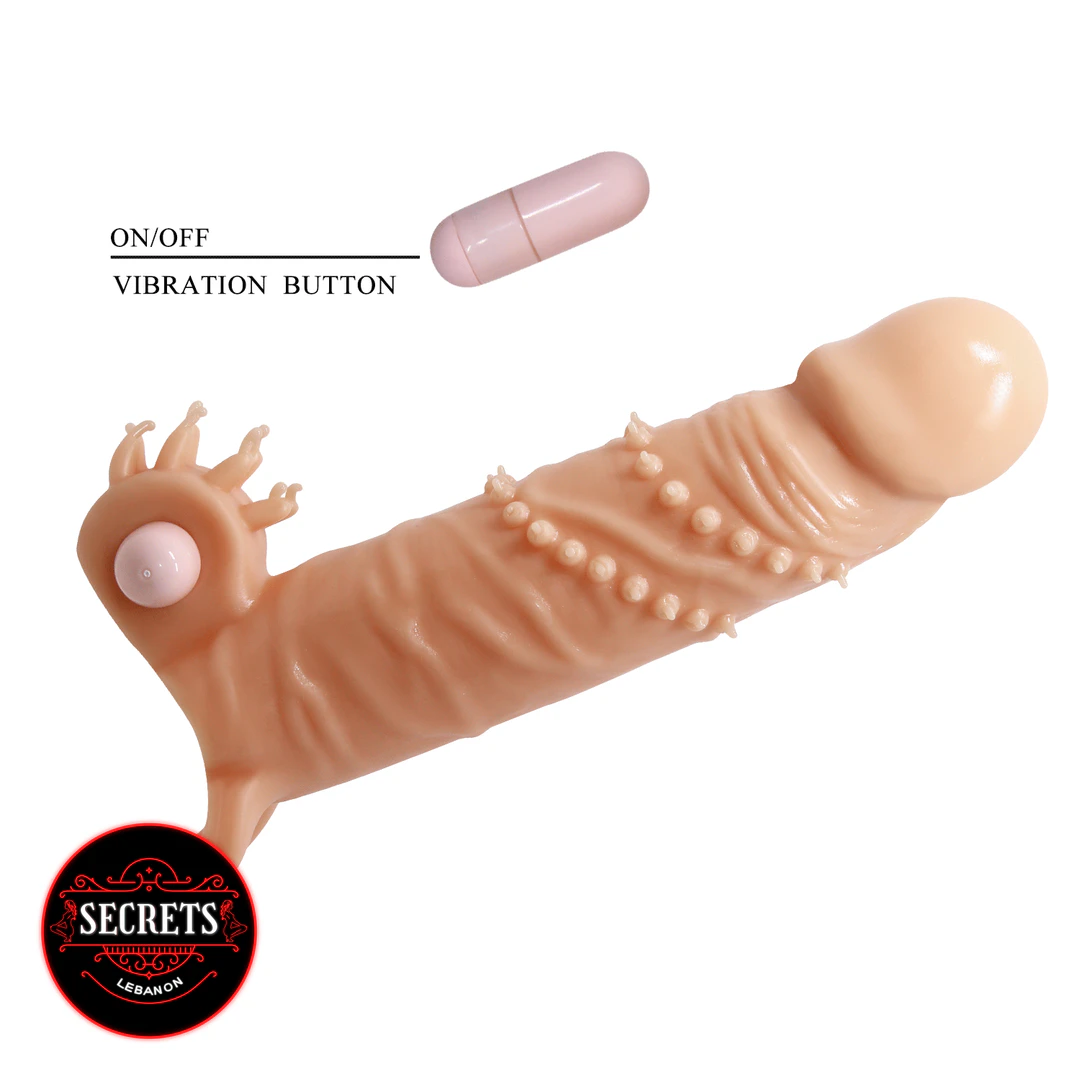 Vibrating Textured Penis Extension Sleeve in flesh tone with bullet vibrator shown
