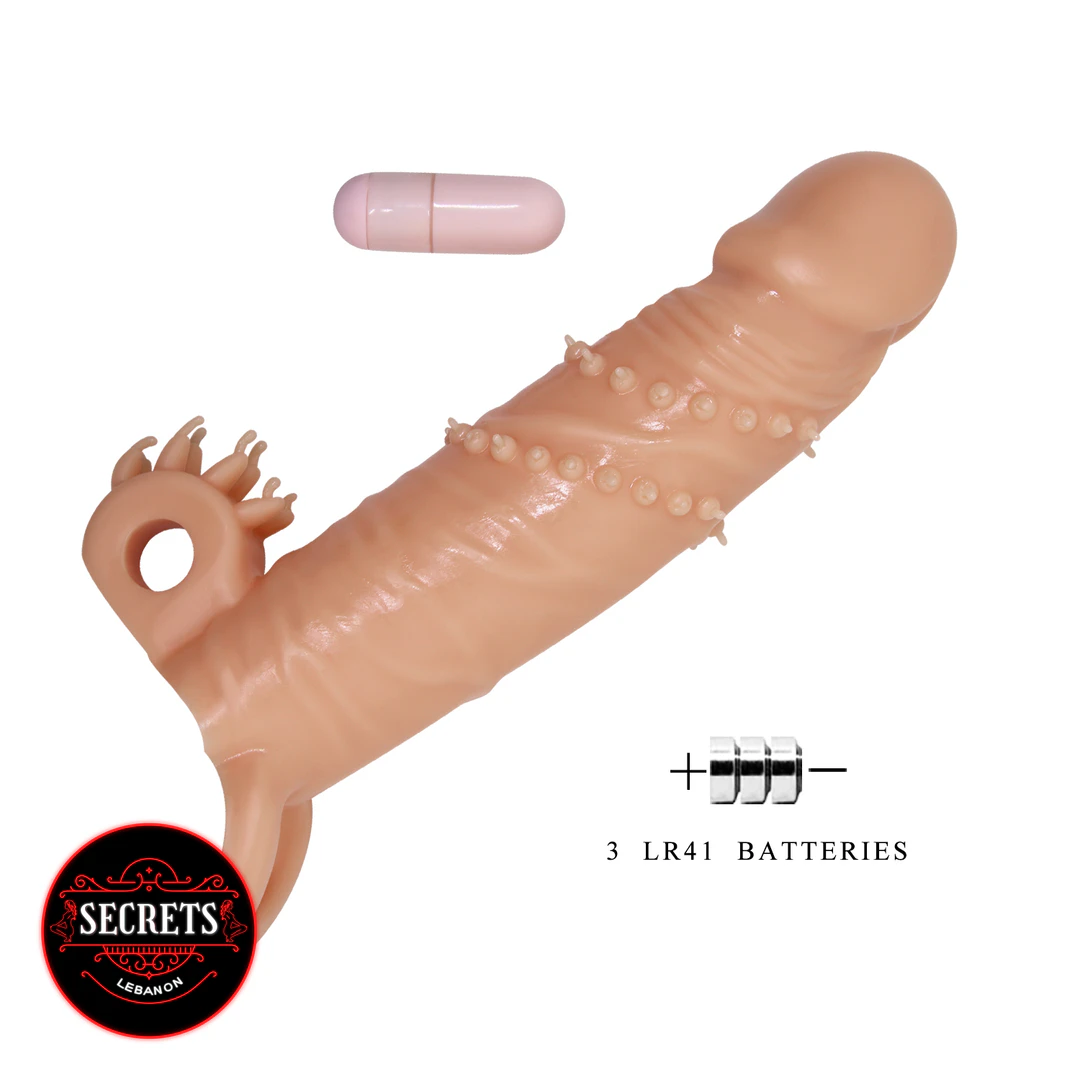 Vibrating Textured Penis Extension Sleeve in flesh tone with bullet vibrator