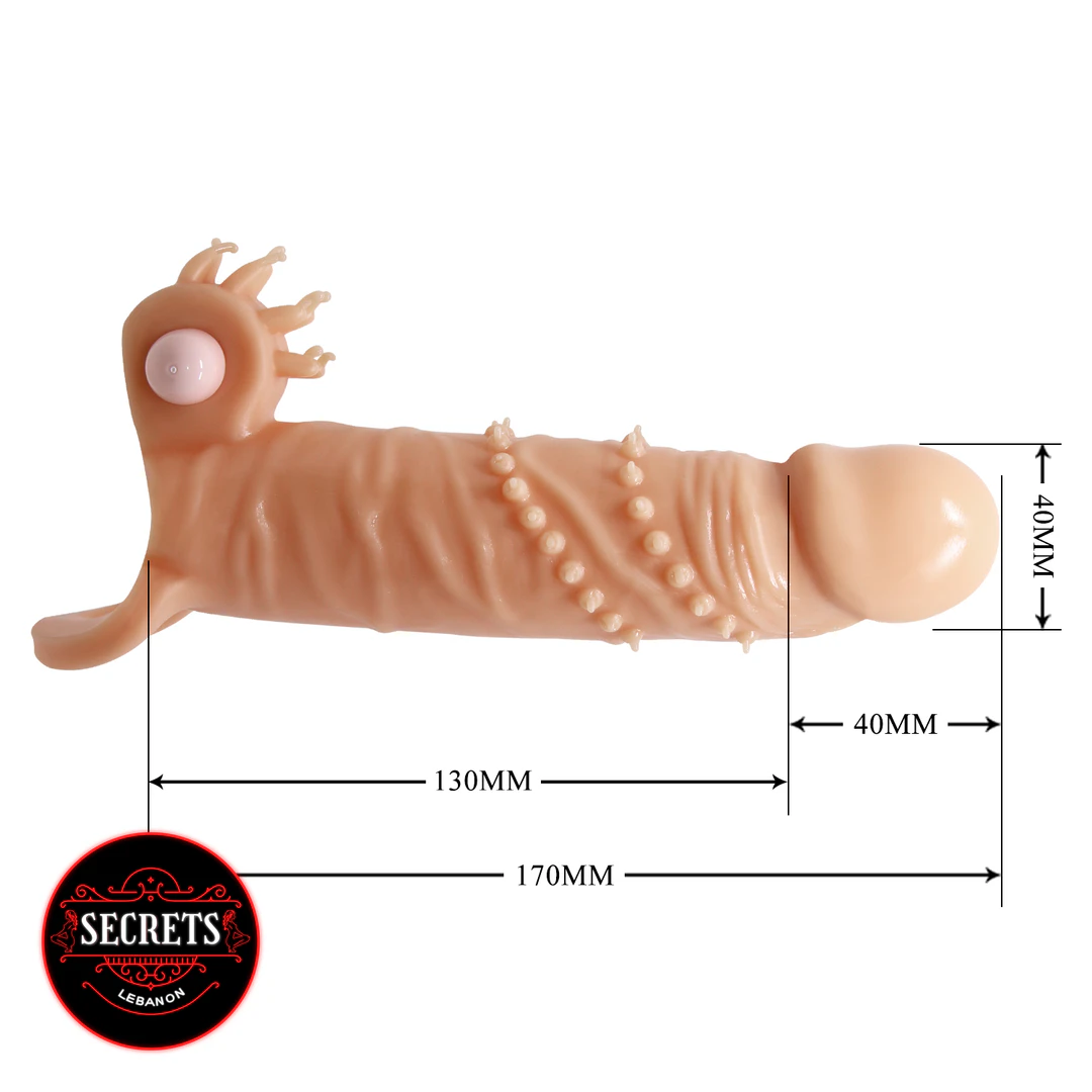 Vibrating Textured Penis Extension Sleeve in flesh tone with size dimensions shown