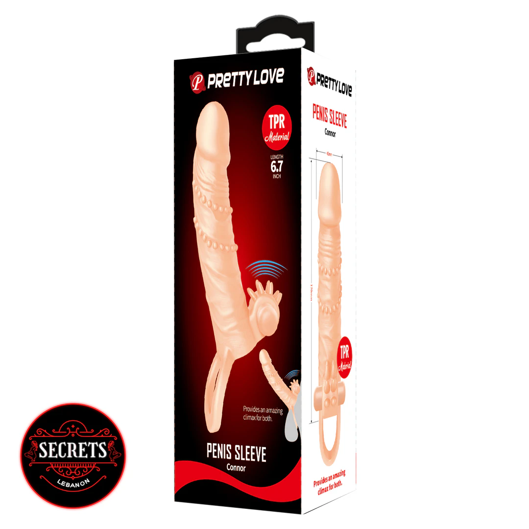 Vibrating Textured Penis Extension Sleeve Connor by Pretty Love in retail packaging