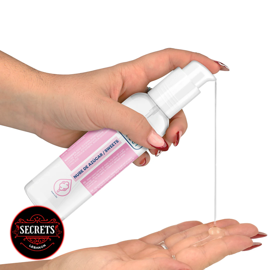 Waterfeel Cotton Candy Flavored Lubricant dispensed from pump bottle onto open palm