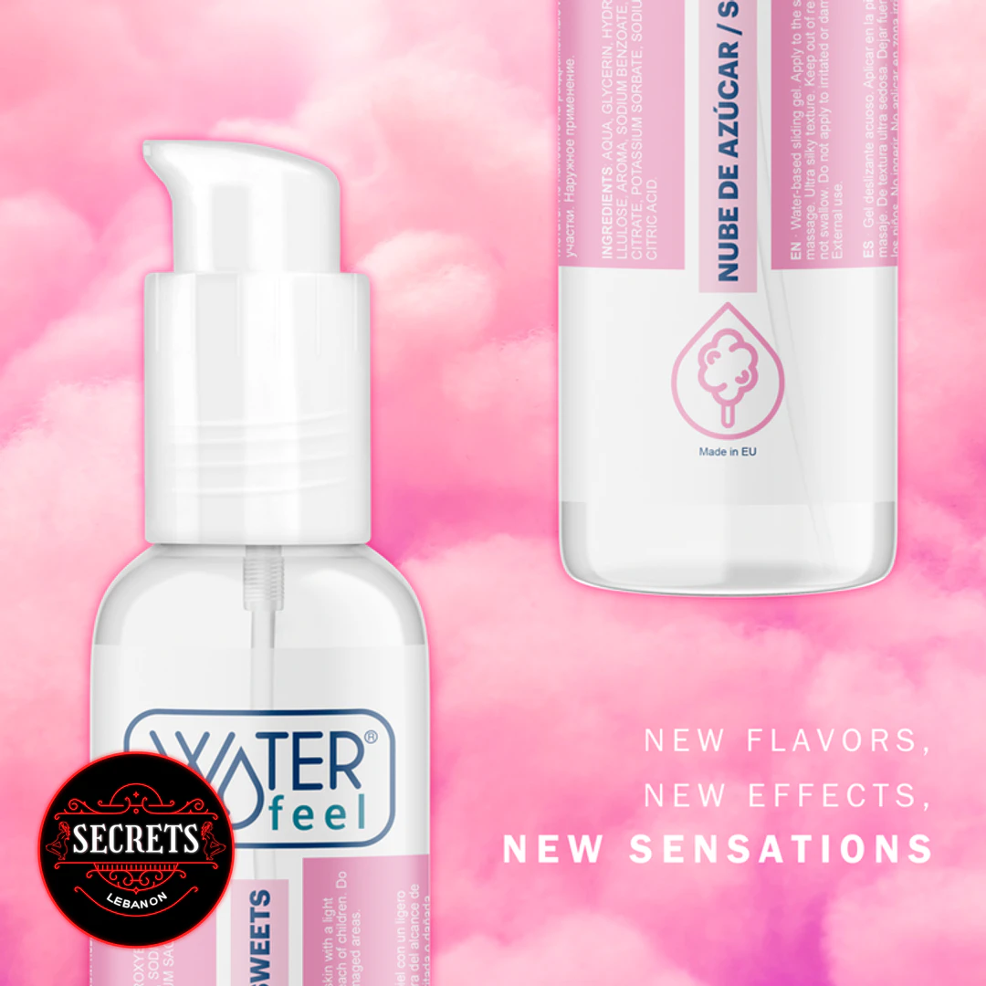 Waterfeel Cotton Candy Flavored Lubricant pump bottle against pink cloudy background