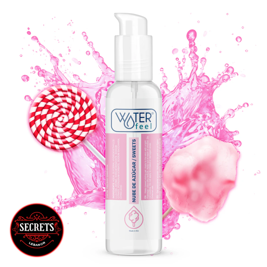 Waterfeel Cotton Candy Flavored Lubricant pump bottle with pink candy splash background
