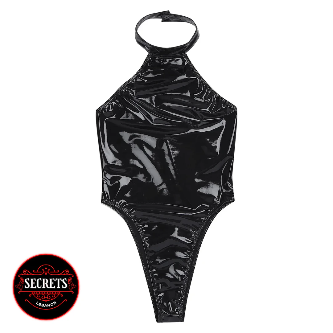 Wet Look Patent Halter Bodysuit flat lay in glossy black thong cut