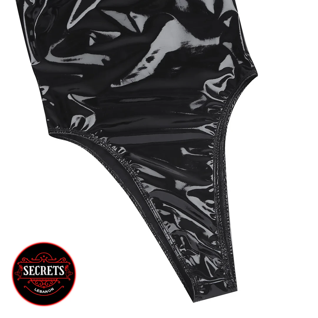Wet Look Patent Halter Bodysuit close-up detail showing black glossy crotch panel