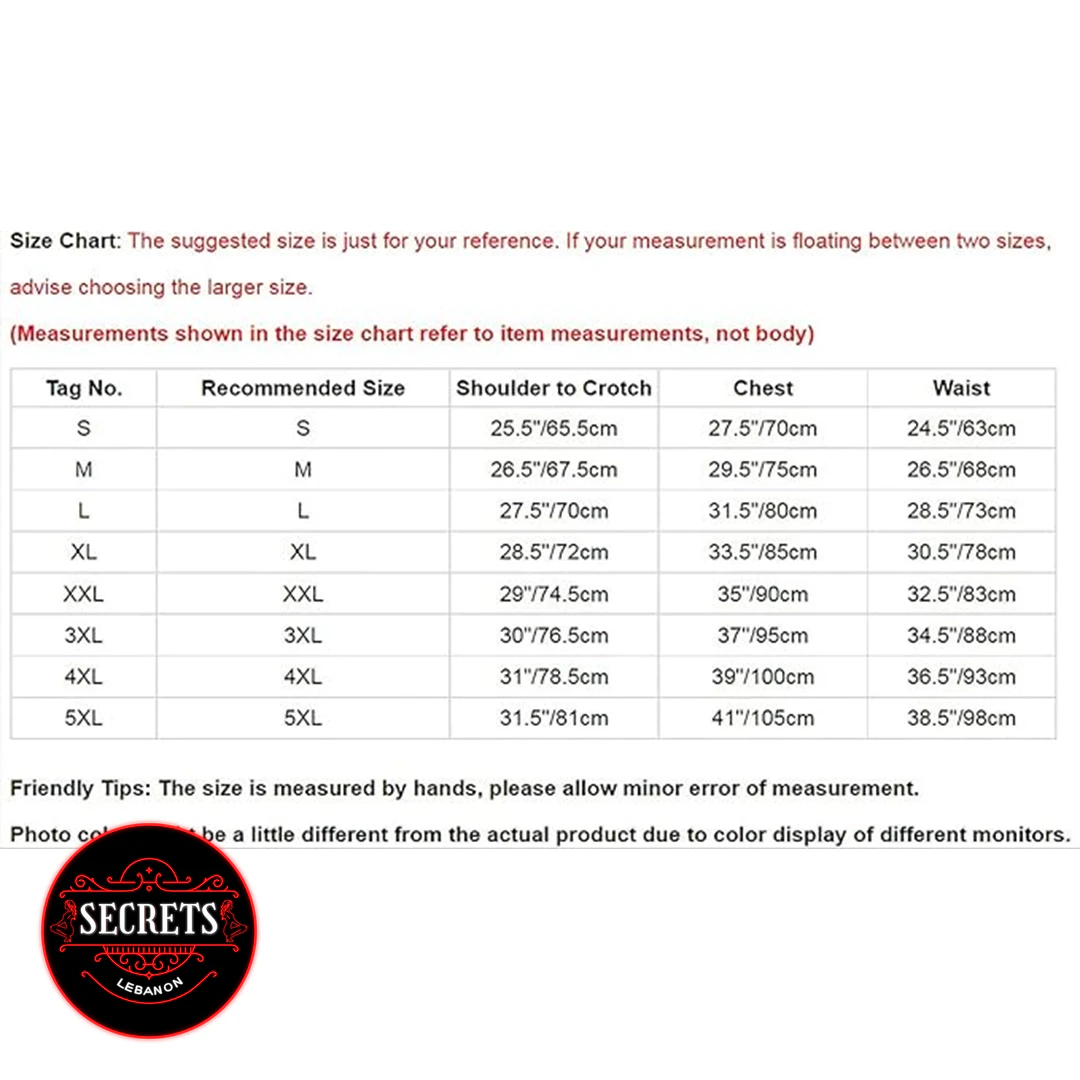 Wet Look Patent Halter Bodysuit size chart with measurements S to 5XL