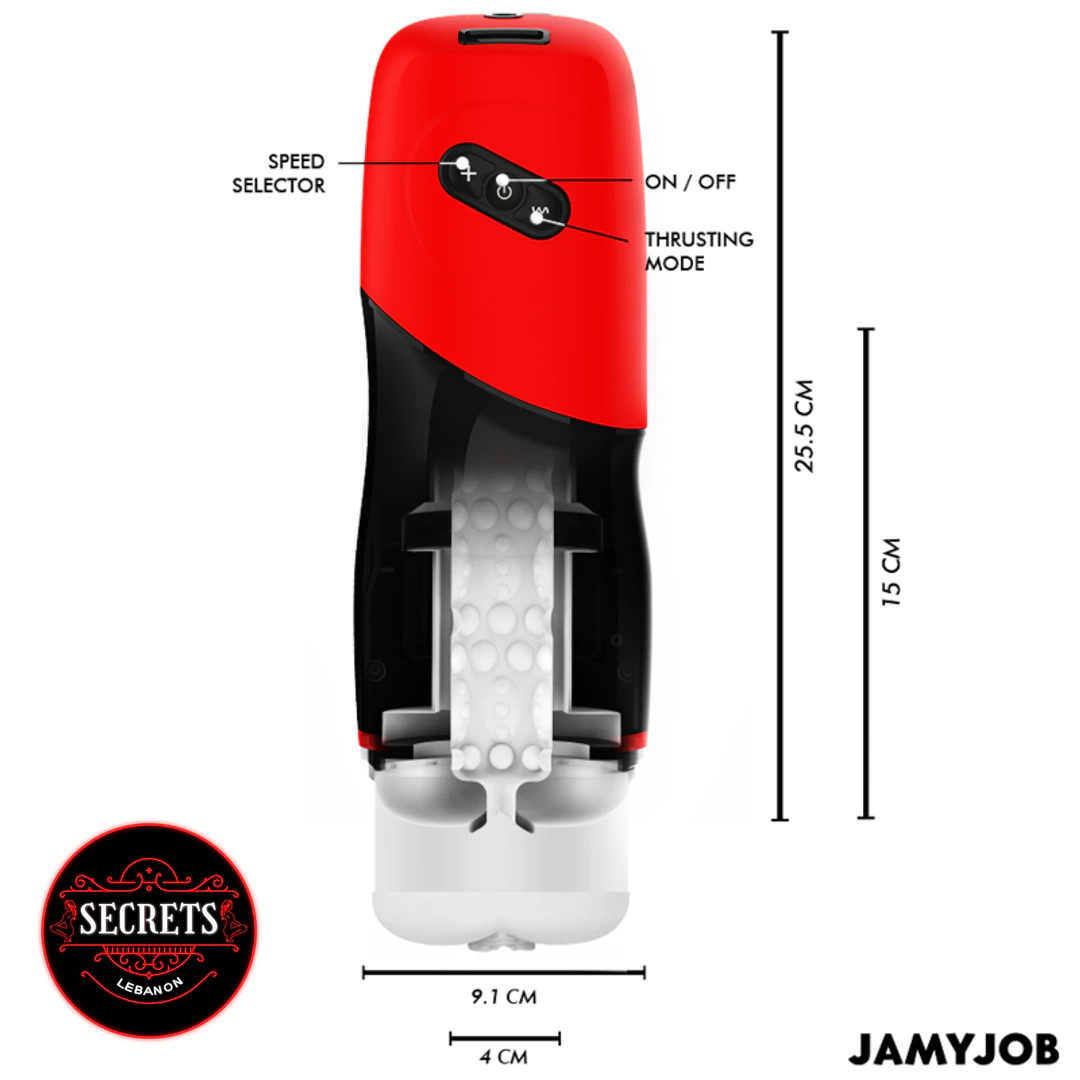 XPeed Thrusting Masturbator front view with red black body and labeled controls