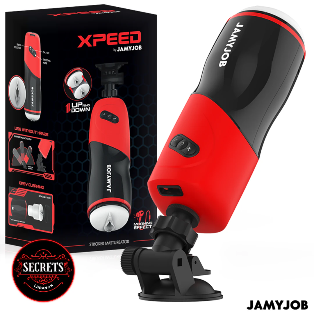 XPeed Thrusting Masturbator in red and black with suction cup mount