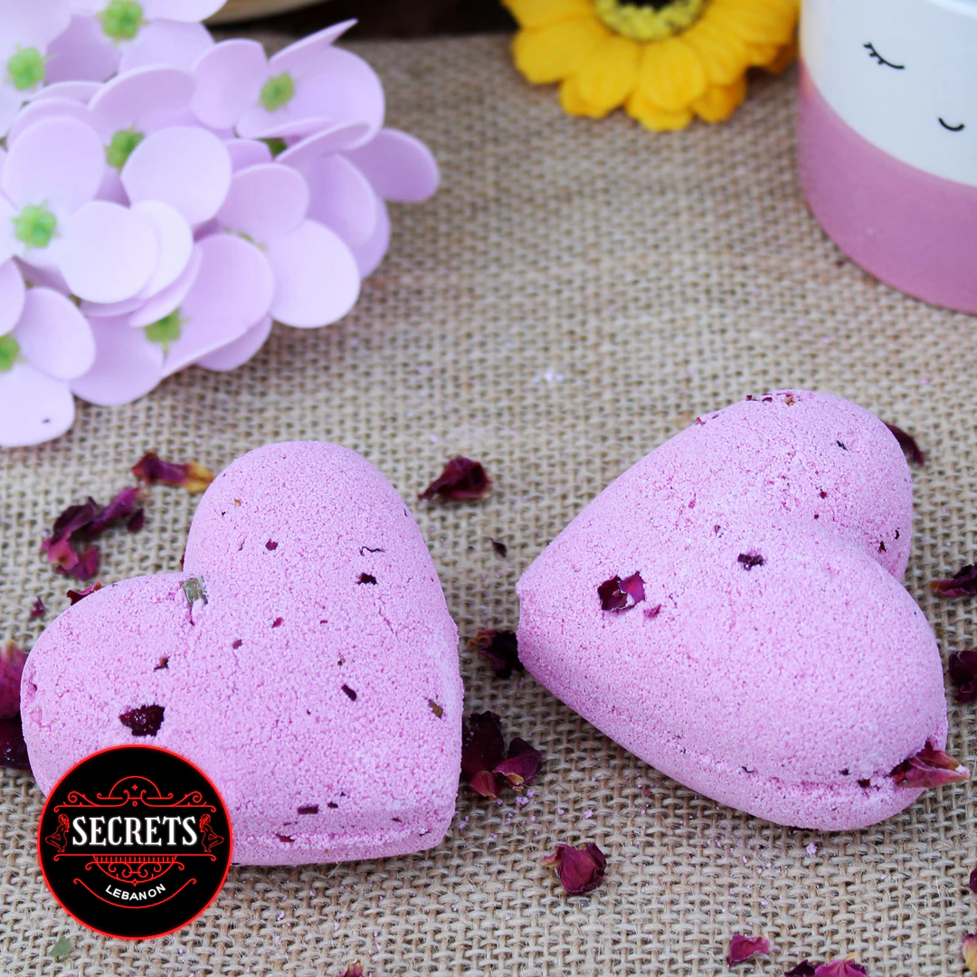 Ylang Ylang Flower Bath Bomb heart-shaped pink pair with dried rose petals