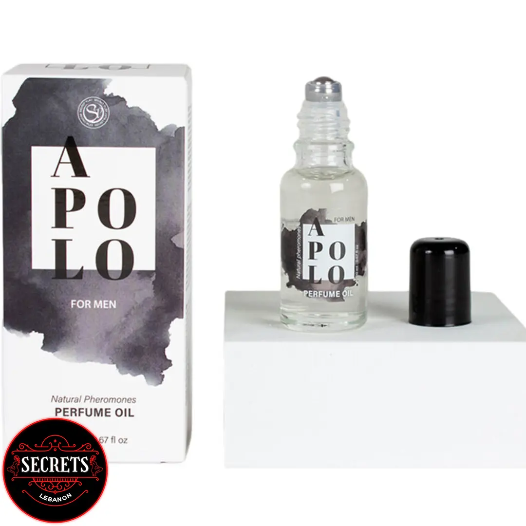 Apolo Natural Pheromone Roll-On Oil clear glass bottle beside white box