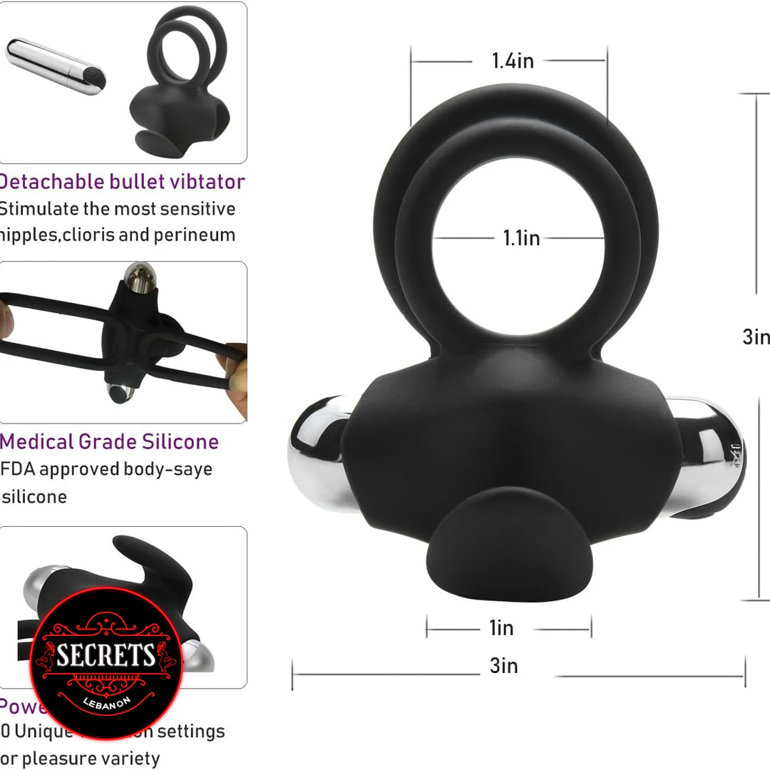 10 Mode Rechargeable Couples Ring Vibrator black silicone with silver bullet detachable