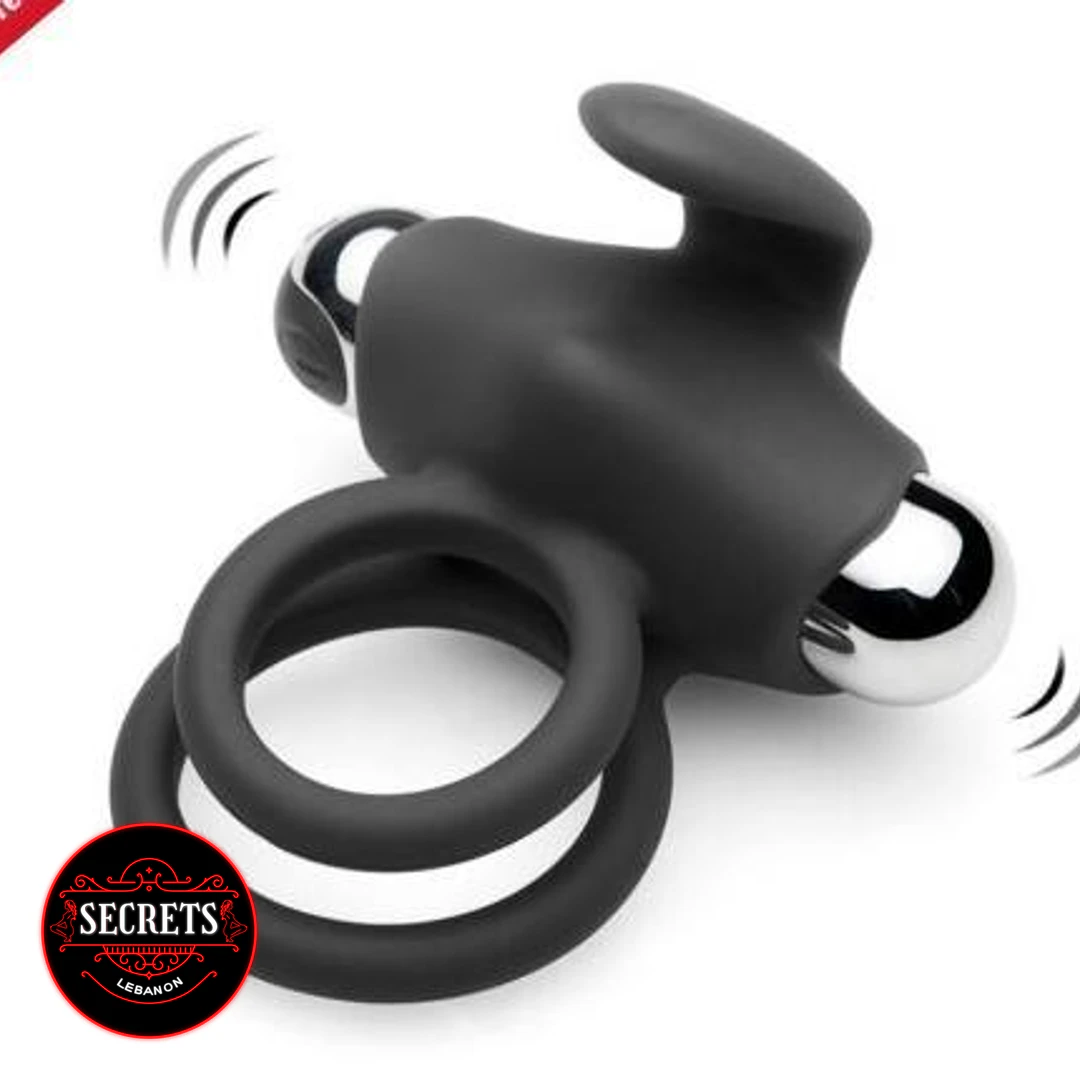 10 Mode Rechargeable Couples Ring Vibrator in black with dual silicone rings