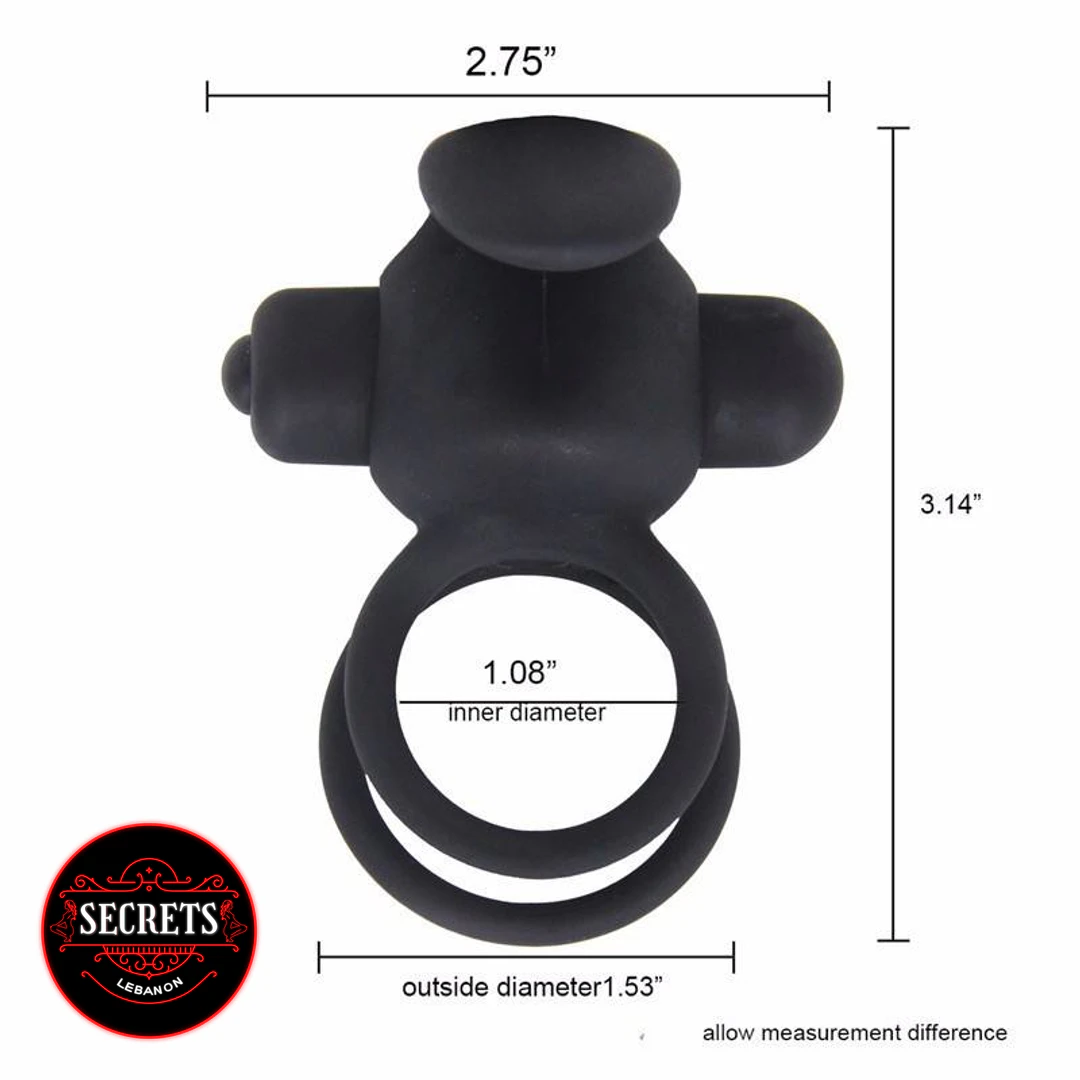 10 Mode Rechargeable Couples Ring Vibrator black silicone with size dimensions shown