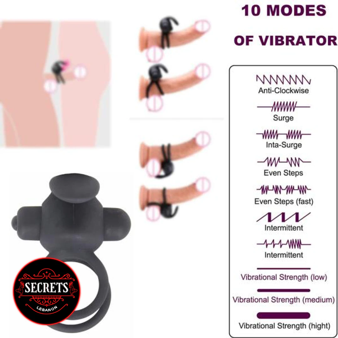 10 Mode Rechargeable Couples Ring Vibrator black silicone with dual rings shown