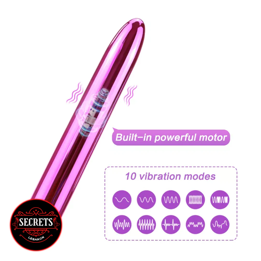 10 Modes Glossy Bullet Vibrator in metallic pink with vibration mode icons