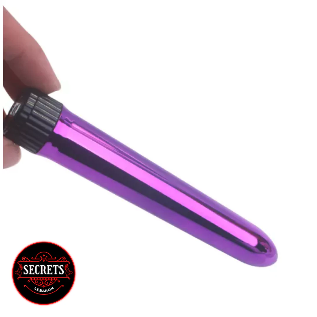 10 Modes Glossy Bullet Vibrator held by hand showing metallic purple finish