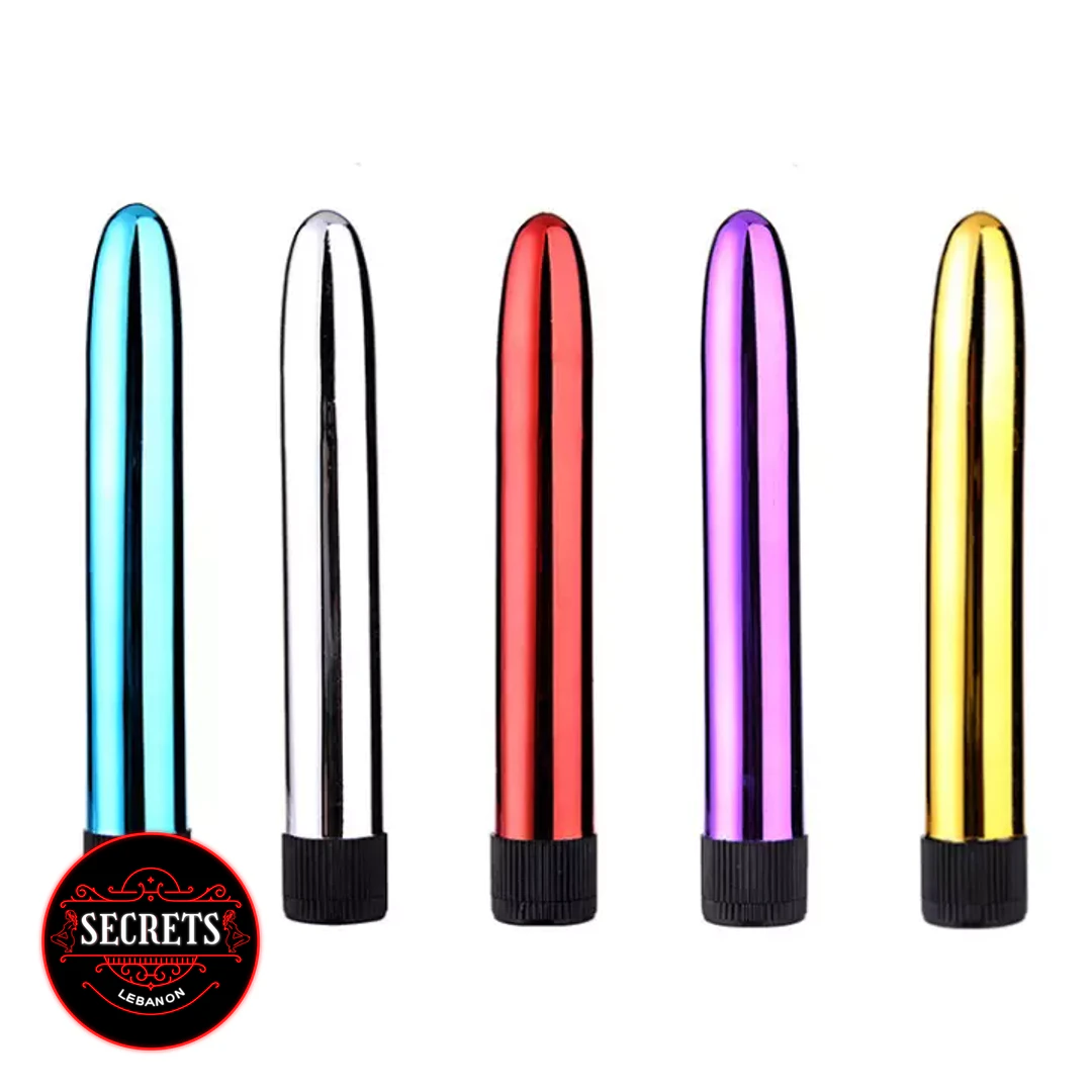 10 Modes Glossy Bullet Vibrator in five metallic colours on white background