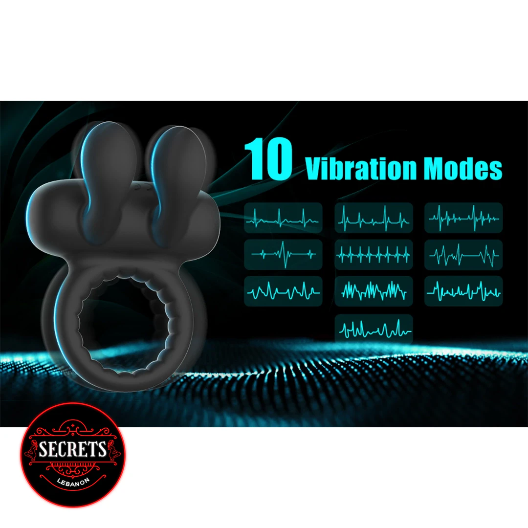 10 Modes Rabbit Ear Cock Ring black silicone with vibration pattern chart
