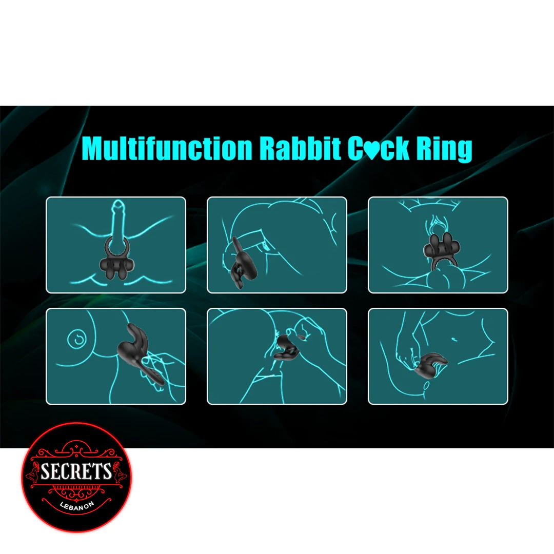 10 Modes Rabbit Ear Cock Ring shown in six illustrated usage diagrams