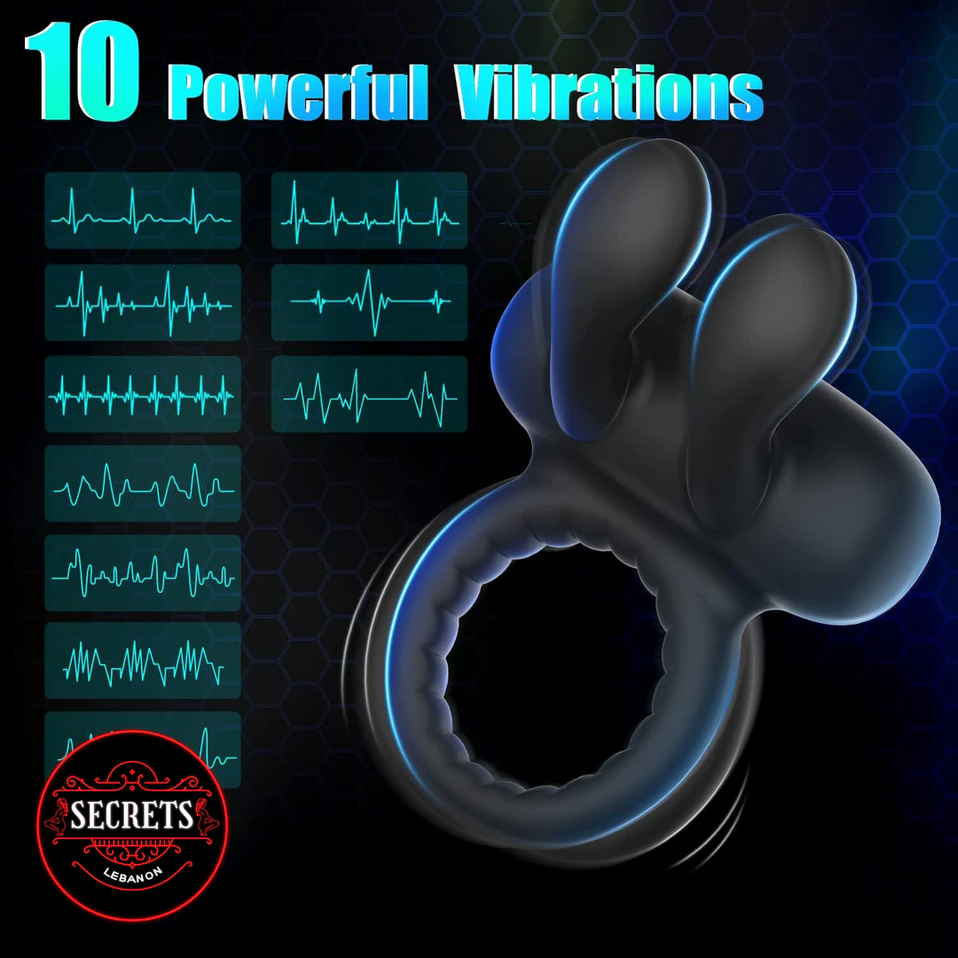 10 Modes Rabbit Ear Cock Ring black silicone ribbed front view