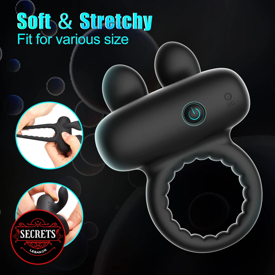 10 Modes Rabbit Ear Cock Ring black silicone with glowing power button