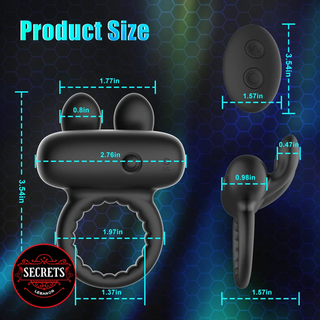 10 Modes Rabbit Ear Cock Ring product size diagram with dimensions shown