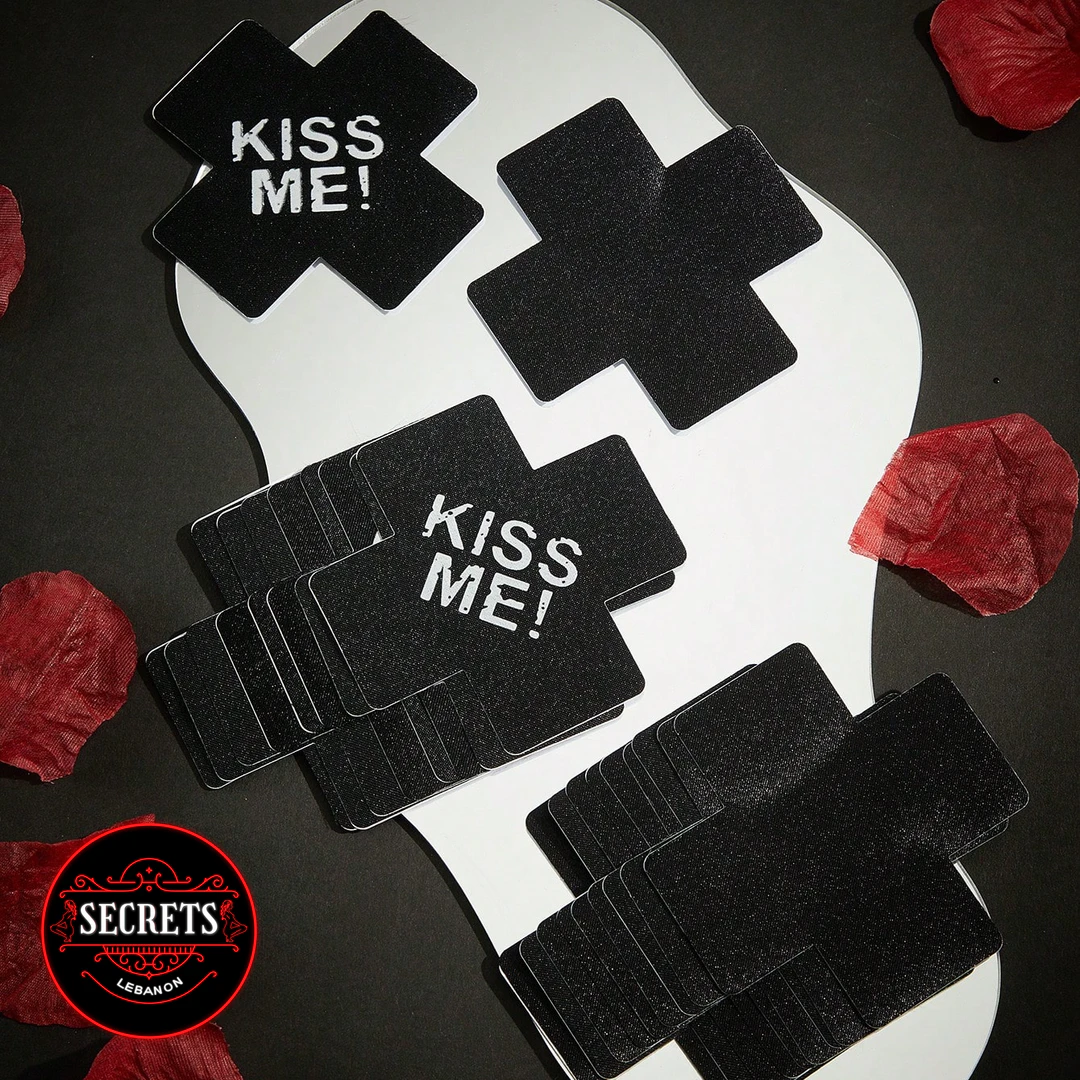 2 Piece Kiss Me Nipple Pasties black cross shape with rose petals