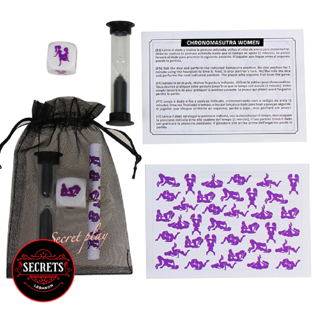 36 Position Kamasutra Dice Set with hourglass, cards, and black mesh bag