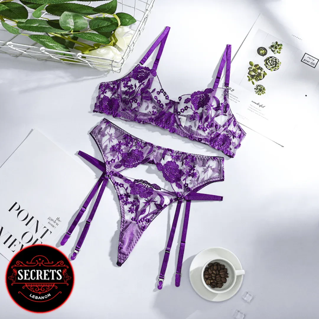 3 Piece Floral Lace Lingerie Set in purple with garter belt flat lay