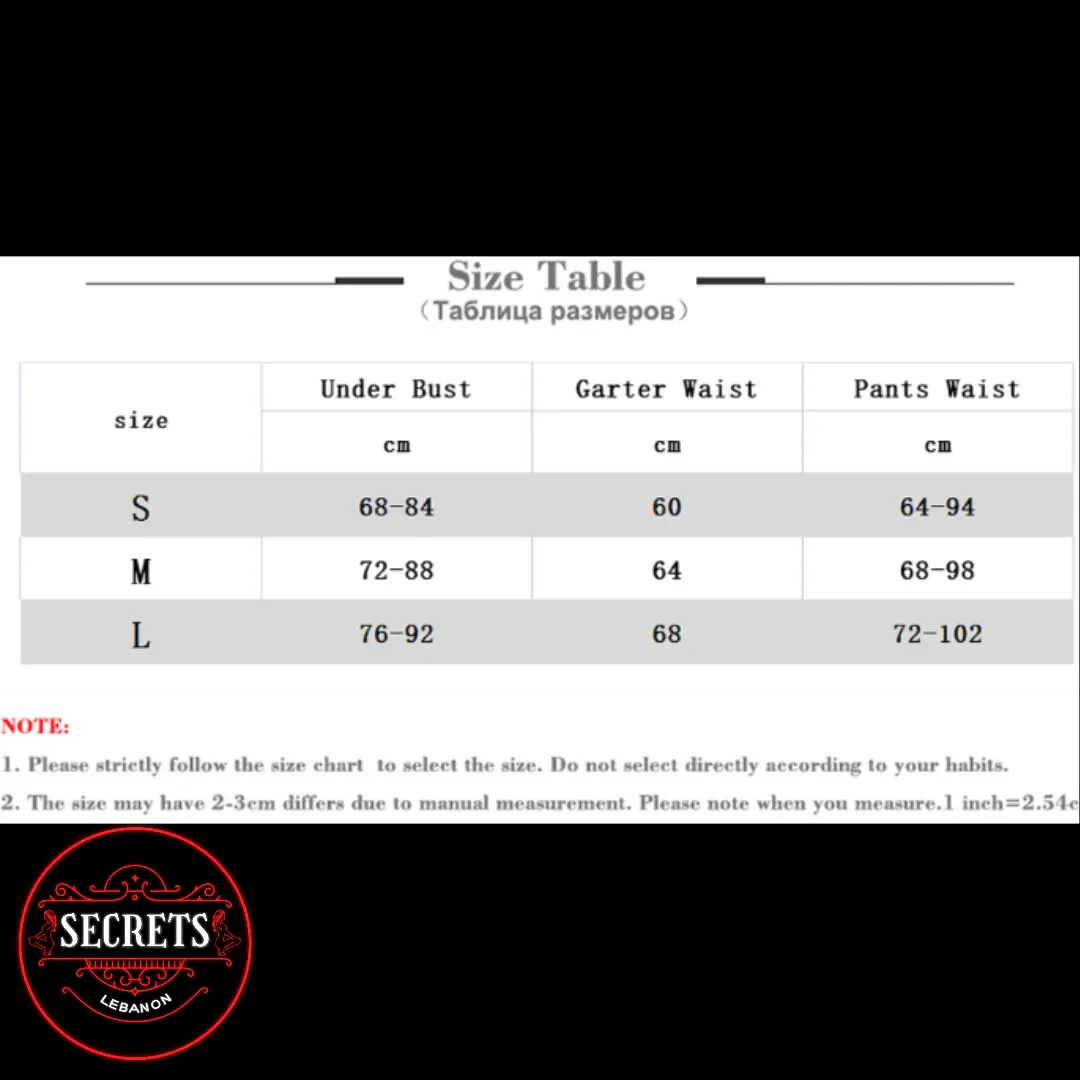 3 Piece Floral Lace Lingerie Set size chart with S M L measurements