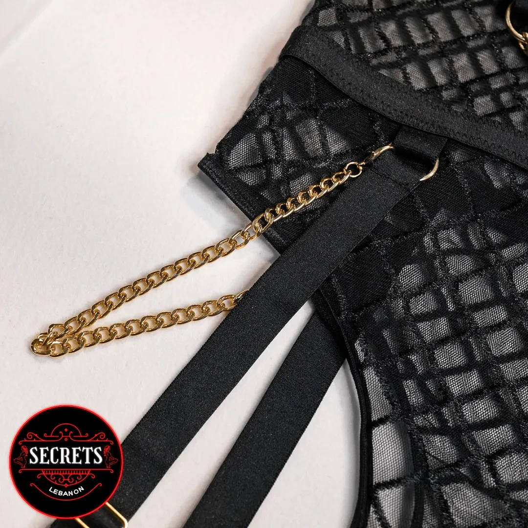 4 Piece Fishnet Chain Lingerie Set close-up with gold chain detail