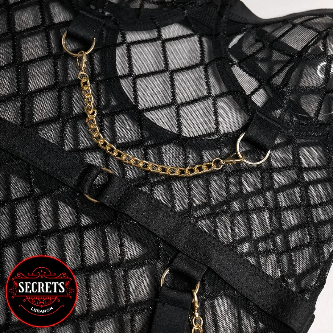 4 Piece Fishnet Chain Lingerie Set close-up with gold chain hardware