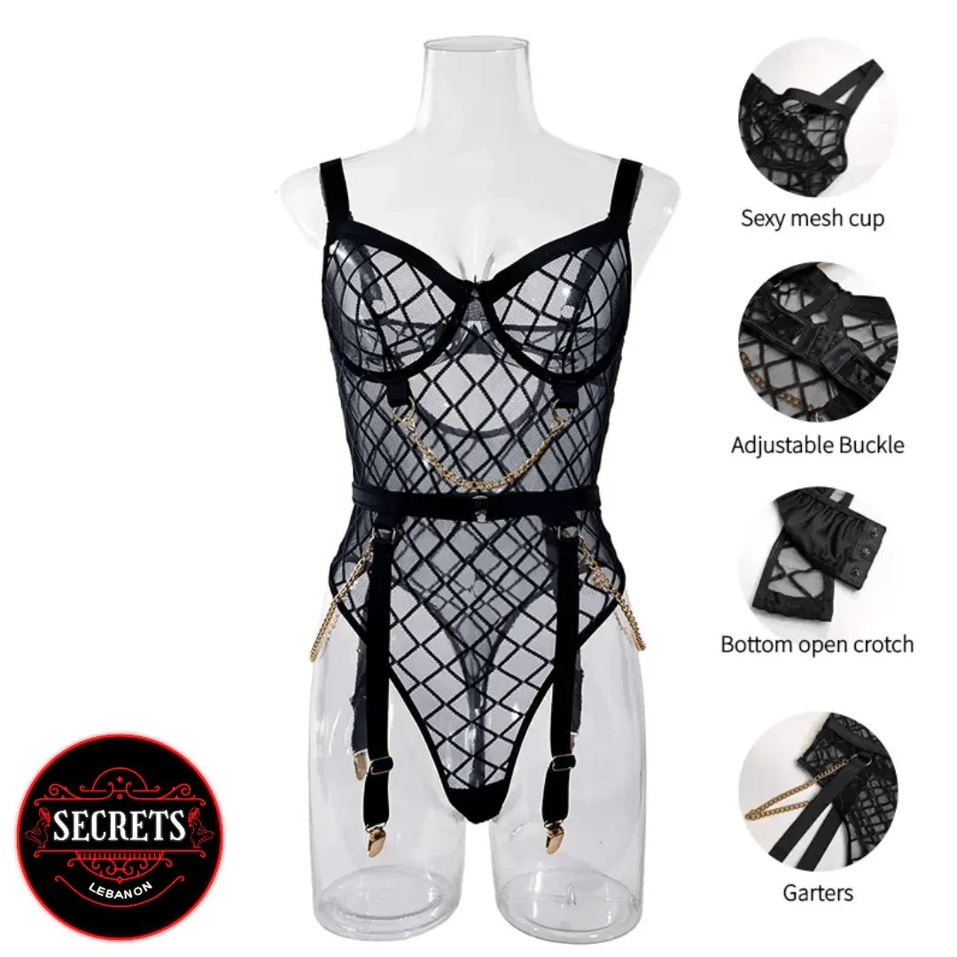 4 Piece Fishnet Chain Lingerie Set in black with gold chain details on mannequin
