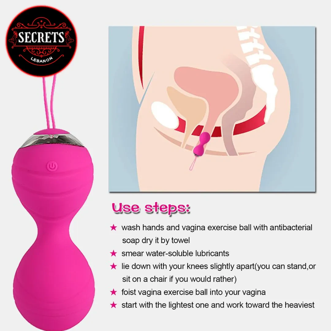 4 Piece Vibrating Kegel Ball Set in hot pink with usage diagram