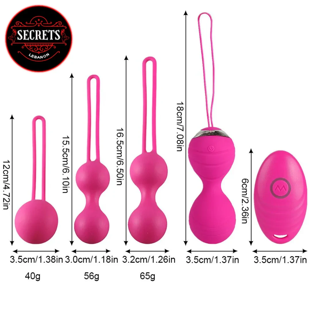 4 Piece Vibrating Kegel Ball Set in pink with size dimensions shown