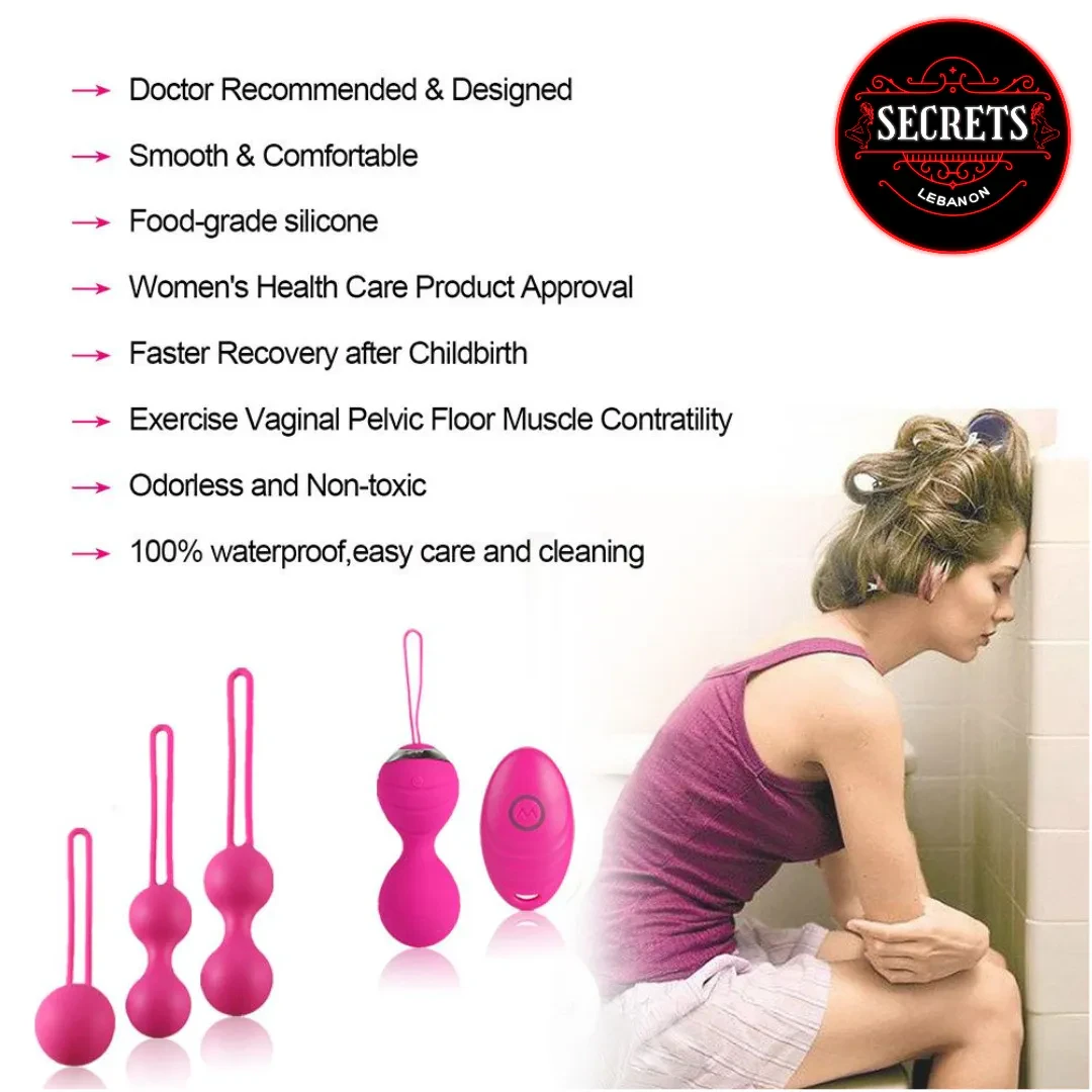 4 Piece Vibrating Kegel Ball Set in pink with remote control displayed