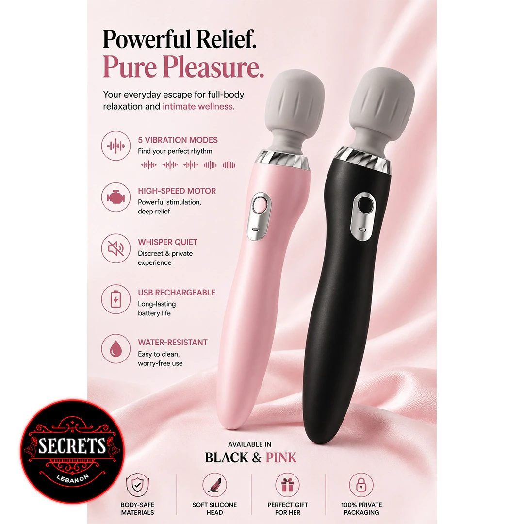 5 Mode Silicone Wand Vibrator in pink and black on satin fabric