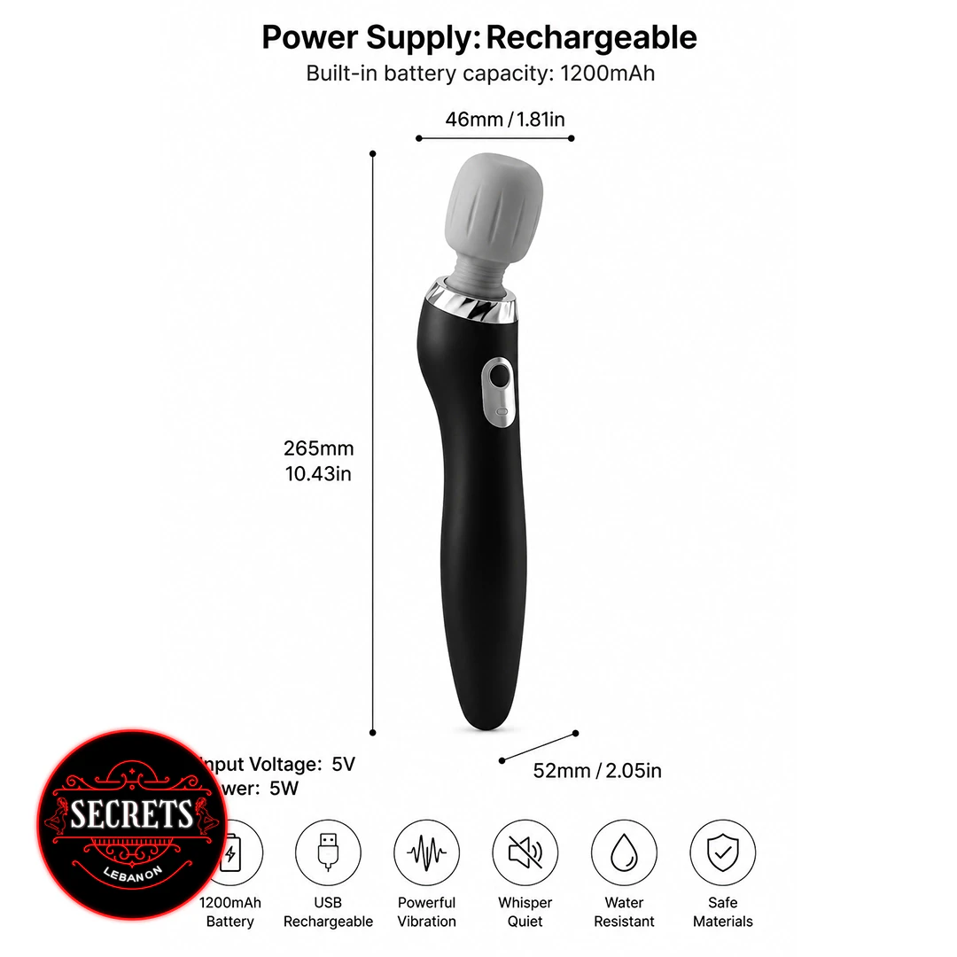 5 Mode Silicone Wand Vibrator black with grey head and measurements shown