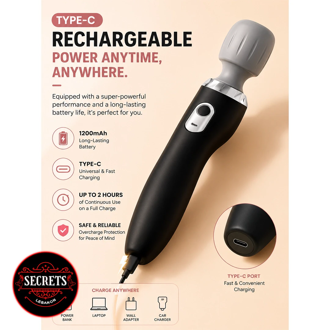 5 Mode Silicone Wand Vibrator in black with grey head and USB-C port