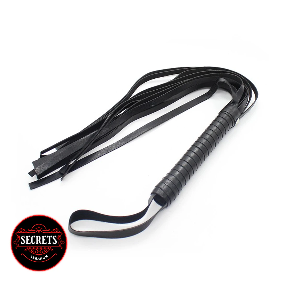7 Piece Beginners BDSM Kit black leather flogger with ribbed handle
