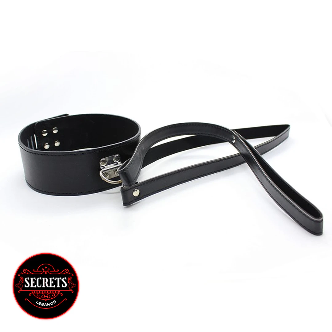 7 Piece Beginners BDSM Kit black leather collar with silver hardware and leash