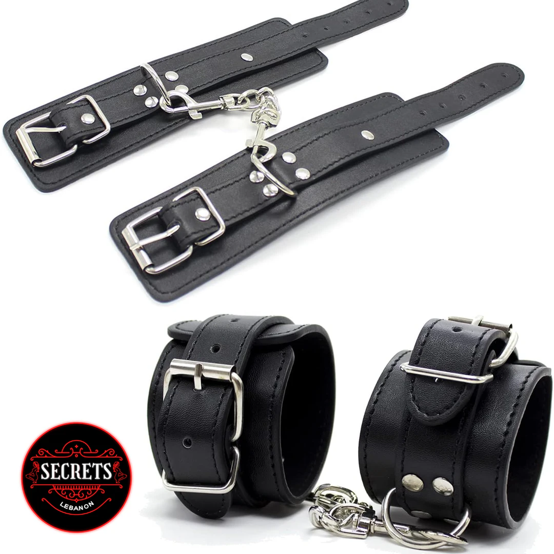 7 Piece Beginners BDSM Kit black faux leather wrist cuffs with silver chain connector